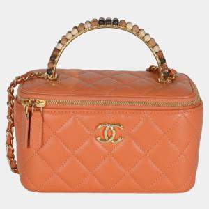 Pre Owned Chanel Orange Quilted Lambskin Beaded Small Top Handle Vanity Case With Chain