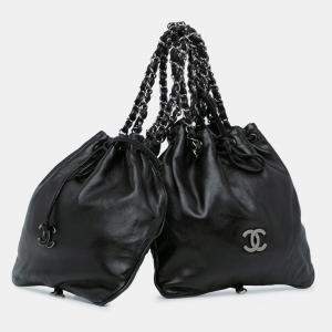 Pre Owned Chanel Black CC Calfskin Dual Twin Chain Handbag