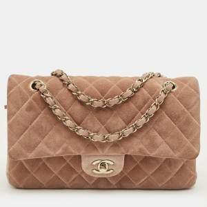 Pre Owned Chanel Beige Quilted Suede Medium Classic Double Flap Bag