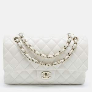 Pre Owned Chanel White Quilted Caviar Leather Medium Classic Double Flap Bag