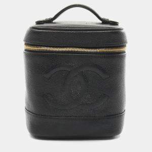 Pre Owned Chanel Coco Mark Vanity Handbag Leather Grained Calfskin Black