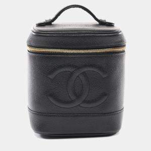 Pre Owned Chanel Coco Mark Vanity Handbag Leather Grained Calfskin Black