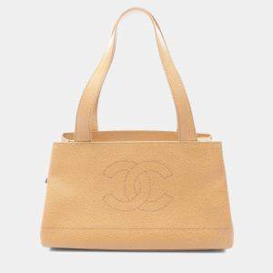 Pre Owned Chanel Coco Mark Shoulder Handbag Leather Grained Calfskin Beige