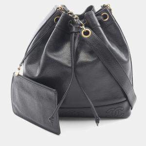 Pre Owned Chanel Triple Cc Logo Drawstring Chain Shoulder Bag Calfskin Black