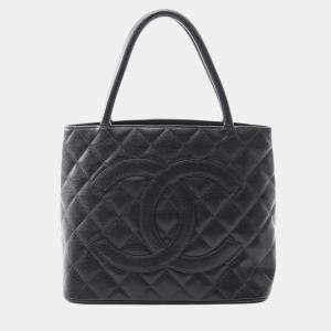 Pre Owned Chanel Medallion Tote Bag Leather Grained Calfskin Black