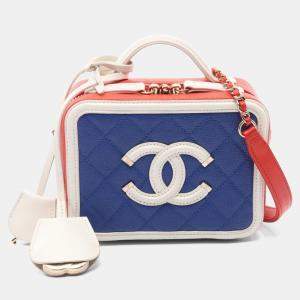 Pre Owned Chanel Cc Filigree Small Vanity Shoulder Bag Leather Blue Red White