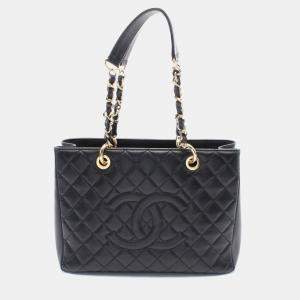Pre Owned Chanel Black Leather Matelasse Grand Shopping Gst Tote Chain Shoulder Bag GHW