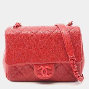 Pre Owned Chanel Matelasse Chain Shoulder Bag Leather Grained Calfskin Red Cc