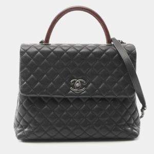 Pre Owned Chanel Coco Matelasse Black Caviar Leather Top Handle Bag