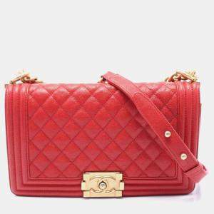 Pre Owned Chanel Boy Chanel CC Red Grained Calfskin Chain Shoulder Bag 