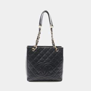 Pre Owned Chanel Matelasse Pst Tote Chain Shoulder Bag Calfskin Black