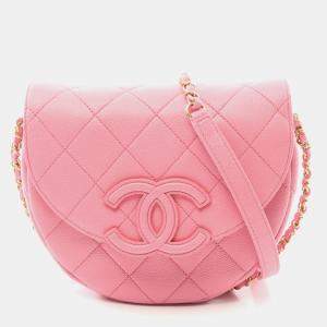 Pre Owned Chanel Matelasse Chain Shoulder Bag Leather Grained Calfskin Pink