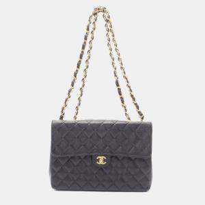 Pre Owned Chanel Jumbo Matelasse 30 Chain Shoulder Bag Leather Black