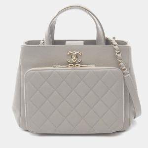 Pre Owned Chanel Business Affinity Matelasse Chain Shoulder Bag Calfskin Gray
