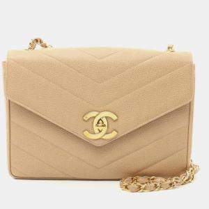 Pre Owned Chanel V Stitch Chain Crossbody Shoulder Bag Leather Beige