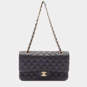 Pre Owned Chanel Matelasse W Flap Chain Shoulder Bag Calfskin Black Ghw