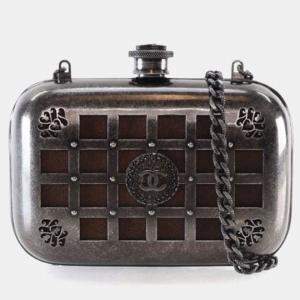 Pre Owned Chanel Mini Grey Gunmetal Grid Cage Clutch