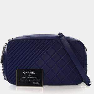 Pre Owned Chanel Navy Blue Lambskin Coco Boy Camera Bag