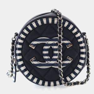 Pre Owned Chanel Blue/White Caviar Round Filigree Clutch With Chain