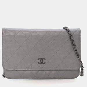 Pre Owned Chanel Crinkled Grey Calfskin Wallet On Chain (WOC)