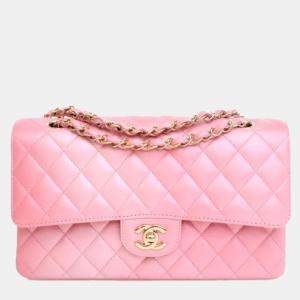 Pre Owned Chanel Medium Pink Lambskin Classic Double Flap Bag