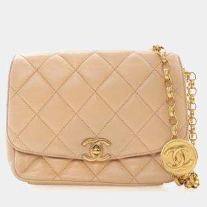 Pre Owned Chanel Beige Lambskin CC Coin Chain Flap Bag