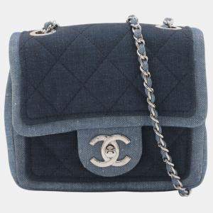 Pre Owned Chanel Blue Mini Square Bicolor Quilted Denim Medallion Flap