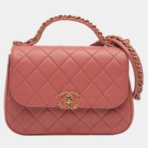 Pre Owned Chanel Pink Quilted Lambskin Chain Infinity Top Handle Bag