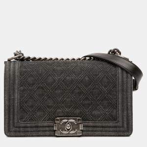 Pre Owned Chanel Grey Old Medium Quilted Denim Boy Flap