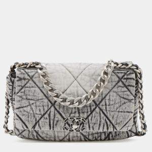 Pre Owned Chanel Grey Large Quilted Washed Denim 19 Flap