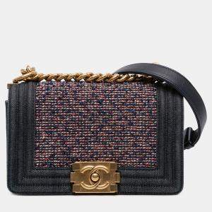 Pre Owned Chanel Blue Small Quilted Denim and Tweed Boy Flap