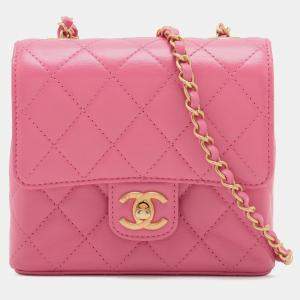 Pre Owned Chanel Pink Mini Square Classic Lambskin Single Flap