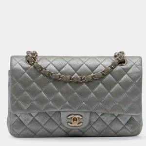 Pre Owned Chanel Silver Medium Classic Iridescent Calfskin Double Flap