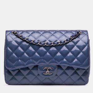 Pre Owned Chanel Blue Jumbo Classic Patent Double Flap