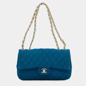 Pre Owned Chanel Blue/Yellow Medium Quilted Perforated Jersey Single Flap