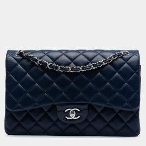 Pre Owned Chanel Navy Blue Jumbo Classic Lambskin Double Flap