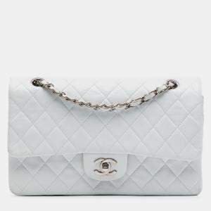 Pre Owned Chanel White Medium Classic Lambskin Double Flap