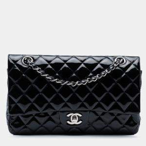Pre Owned Chanel Black Medium Classic Patent Double Flap