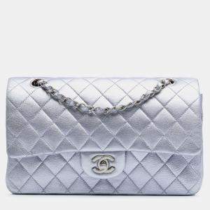 Pre Owned Chanel Silver Medium Classic Metallic Calfskin Double Flap