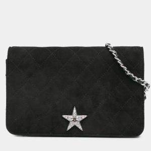 Pre Owned Chanel Black Quilted Suede Cocostellar Wallet on Chain