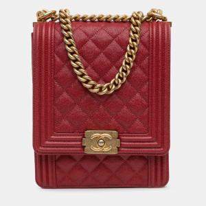 Pre Owned Chanel Red Quilted Caviar North South Boy Flap