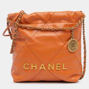 Pre Owned Chanel Orange Mini Shiny Calfskin 22 Handbag