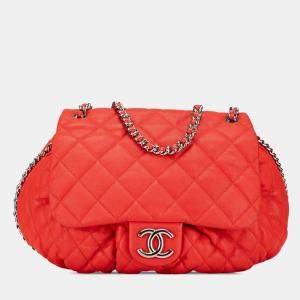 Pre Owned Chanel Red Large Quilted Lambskin Chain Around Flap