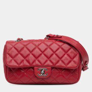Pre Owned Chanel Red Medium Perforated Lambskin Punch Flap