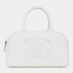 Pre Owned Chanel White CC Quilted Caviar Bowling Bag