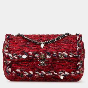 Pre Owned Chanel Red Medium Tweed Braided Charms Double Flap