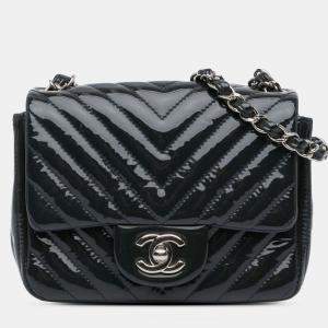 Pre Owned Chanel Navy Blue Mini Square Classic Chevron Patent Single Flap