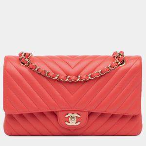 Pre Owned Chanel Red Medium Classic Chevron Lambskin Double Flap