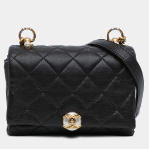 Pre Owned Chanel Black Mini Quilted Calfskin Pearl CC Accordion Flap