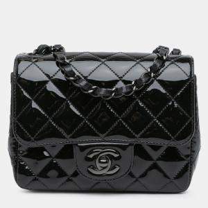 Pre Owned Chanel Black Mini Square Classic Patent So Black Single Flap